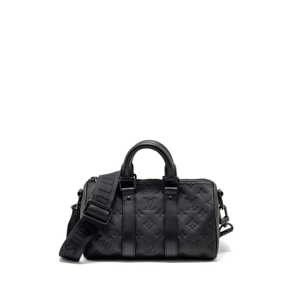 AAA Replica Louis Vuitton LV KEEPALL BANDOULIERE 25 MONOGRAM TAURILLON LEATHER BLACK WITH BLACK HARDWARE