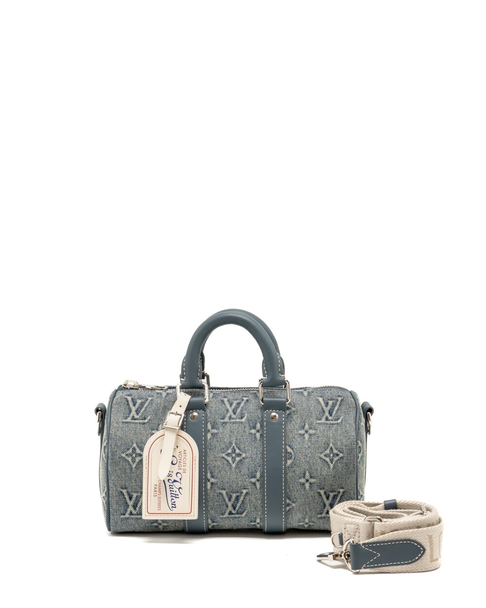 AAA Replica Louis Vuitton LV KEEPALL BANDOULIERE 25 WASHED DENIM CANVAS BLUE SHW