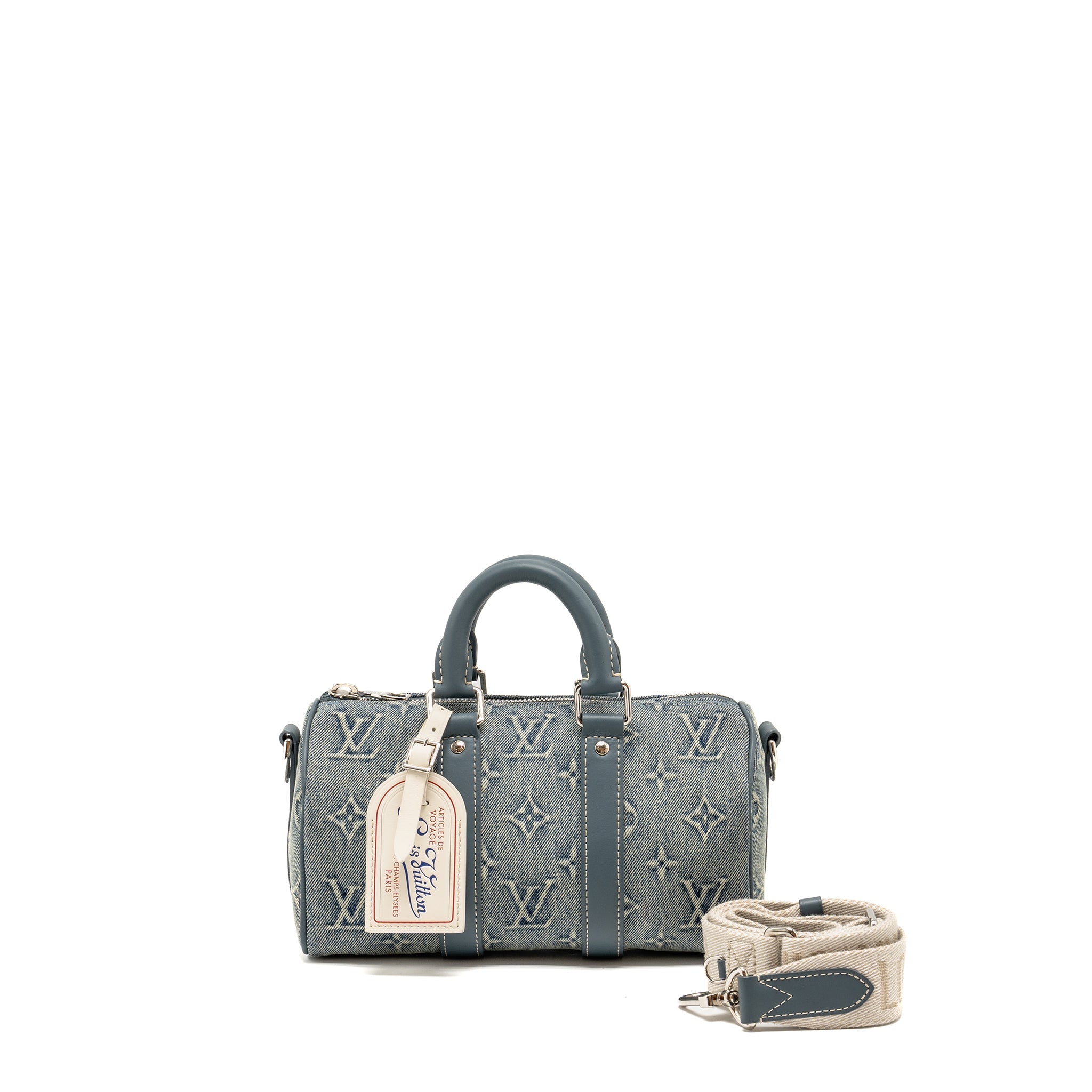 AAA Replica Louis Vuitton LV KEEPALL BANDOULIERE 25 WASHED DENIM CANVAS BLUE SHW