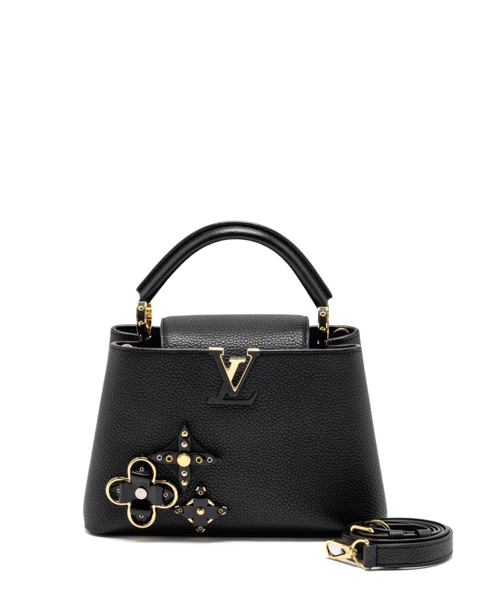 AAA Replica Louis Vuitton LV CAPUCINES BB WITH MONOGRAM FLOWER EMBELLISHMENTS TAURILLON BLACK GHW