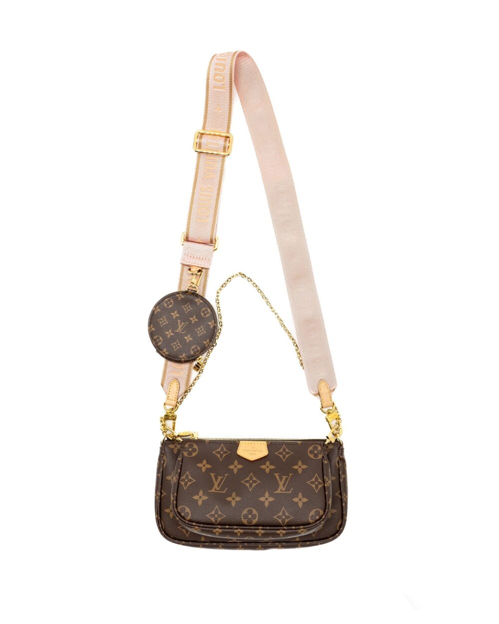 AAA Replica Louis Vuitton LV MULTI POCHETTE ACCESSORIES MONOGRAM CANVAS PINK STRAP GHW