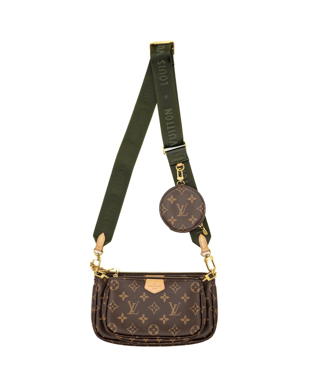 AAA Replica Louis Vuitton LV MULTI POCHETTE ACCESSORIES MONOGRAM CANVAS KHAKI STRAP GHW