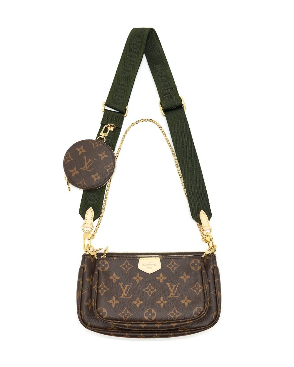 AAA Replica Louis Vuitton LV MULTI POCHETTE ACCESSORIES MONOGRAM CANVAS WITH KHAKI STRAP