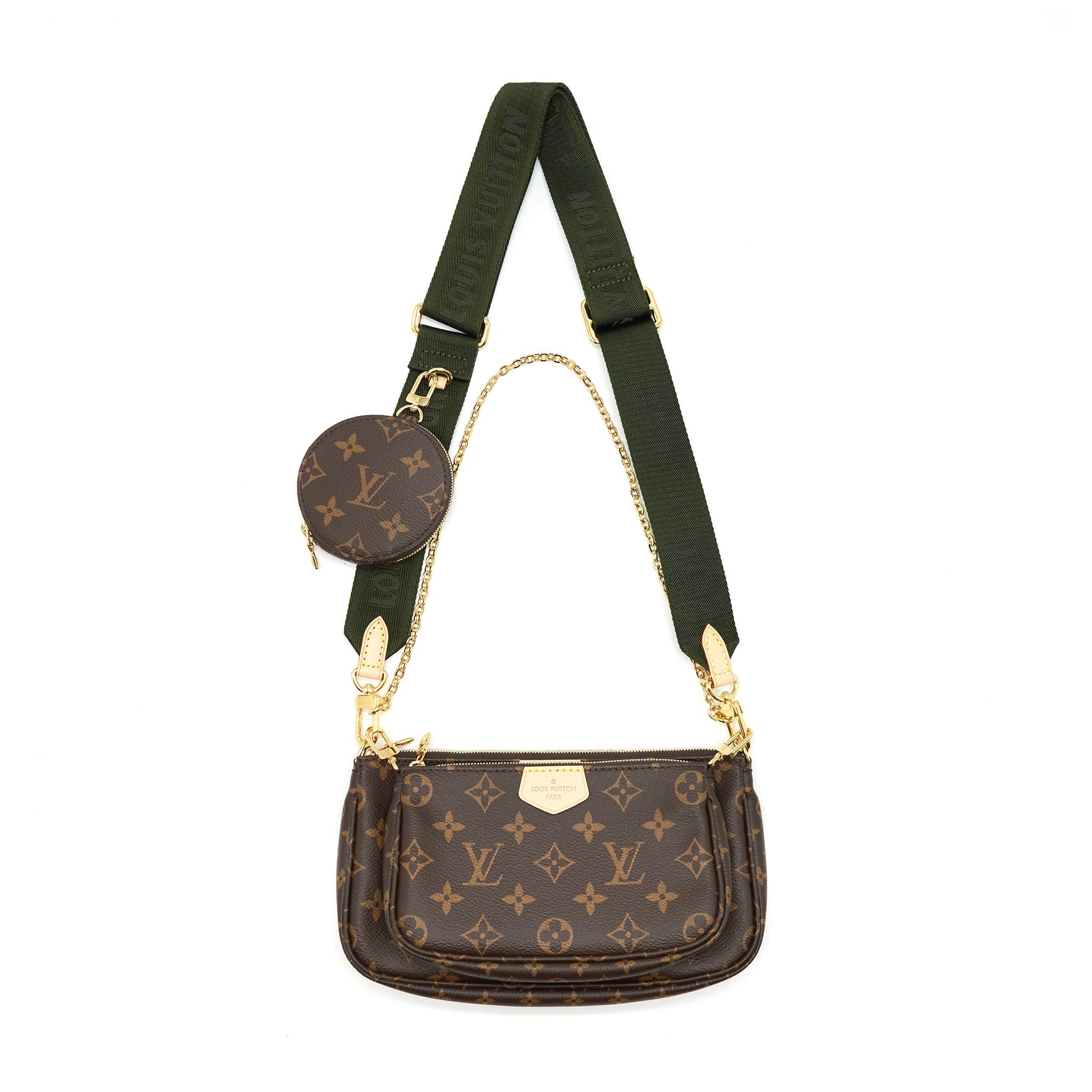 AAA Replica Louis Vuitton LV MULTI POCHETTE ACCESSORIES MONOGRAM CANVAS WITH KHAKI STRAP