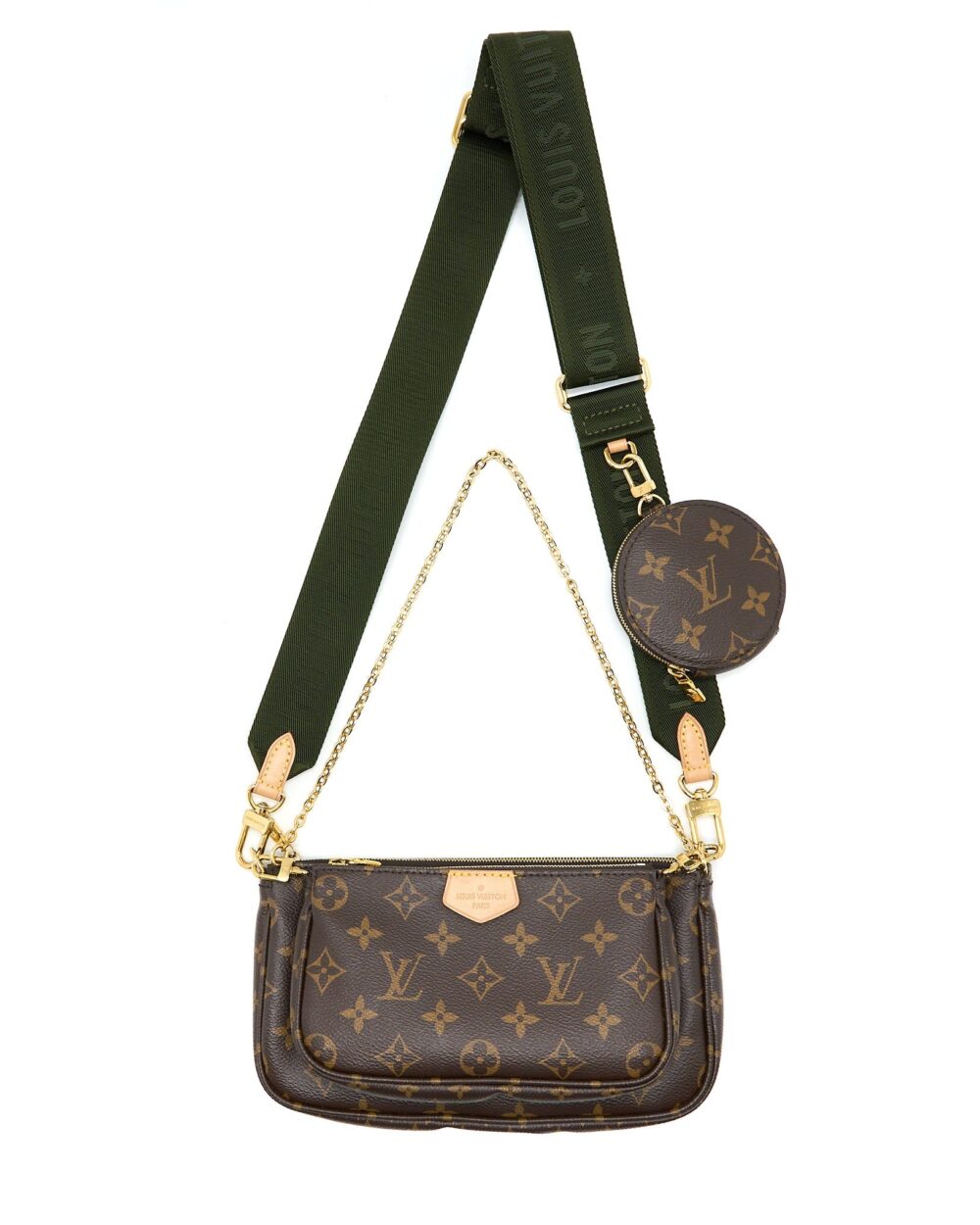 AAA Replica Louis Vuitton LV MULTI POCHETTE ACCESSORIES MONOGRAM CANVAS WITH KHAKI STRAP GHW