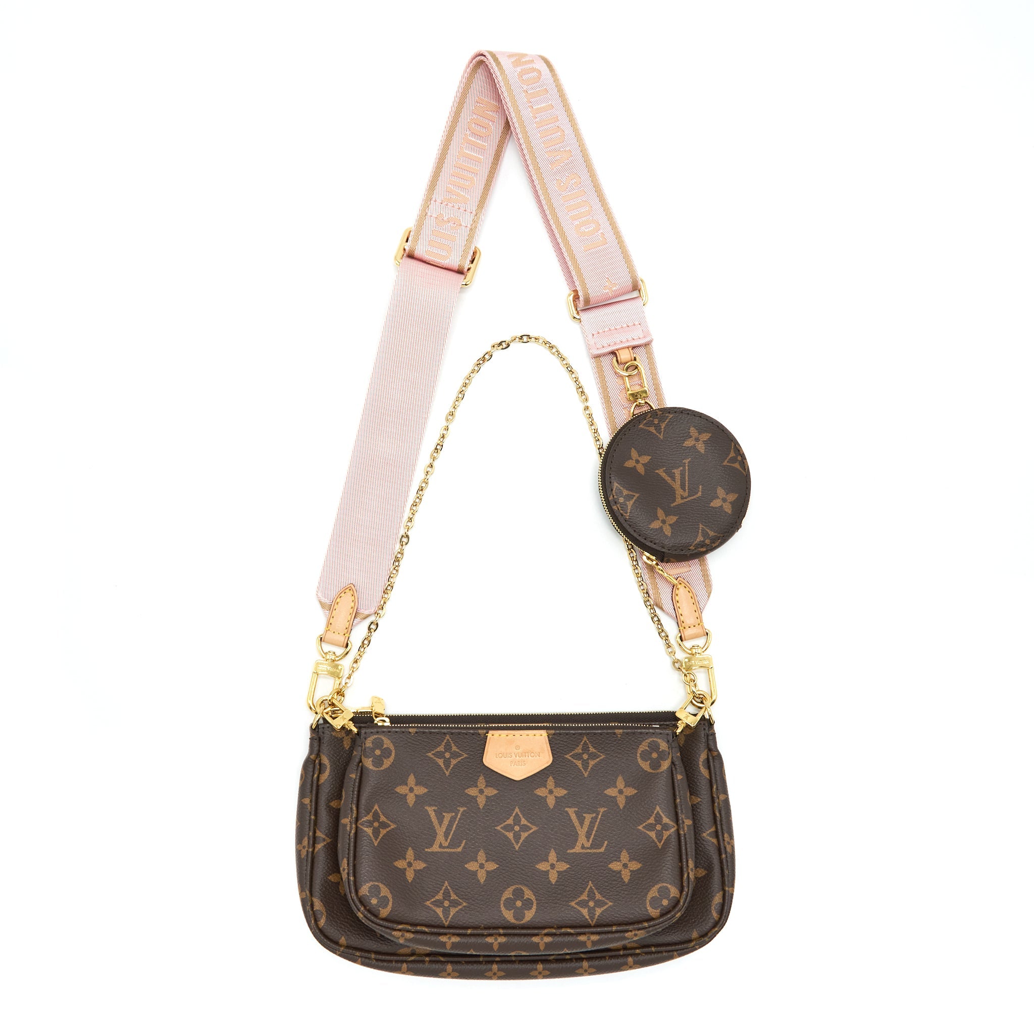 AAA Replica Louis Vuitton LV MULTI POCHETTE ACCESSORIES PINK STRAP MONOGRAM CANVAS GHW