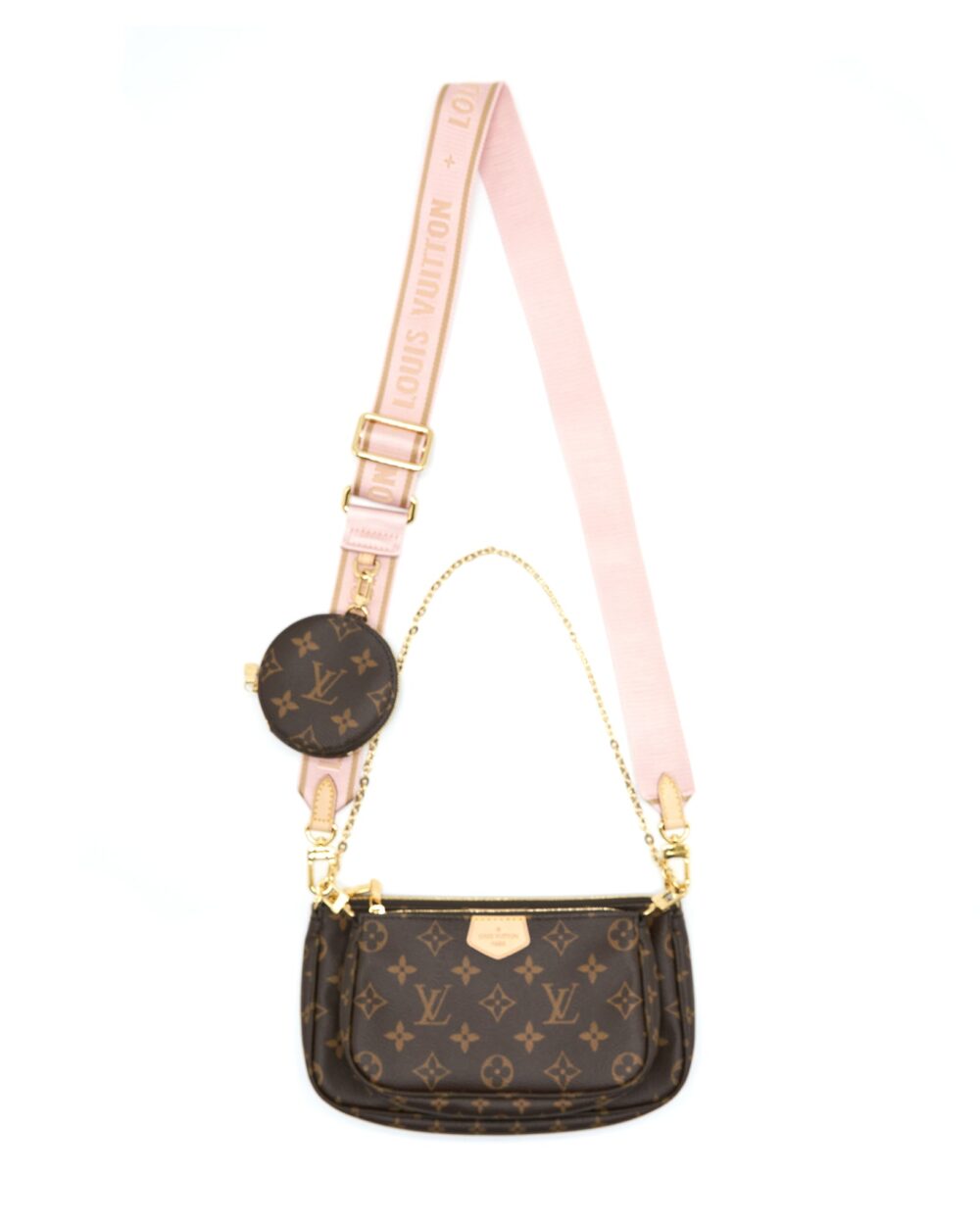 AAA Replica Louis Vuitton LV MULTI POCHETTE ACCESSORIES MONOGRAM CANVAS WITH ROSE CLAIR STRAP GHW