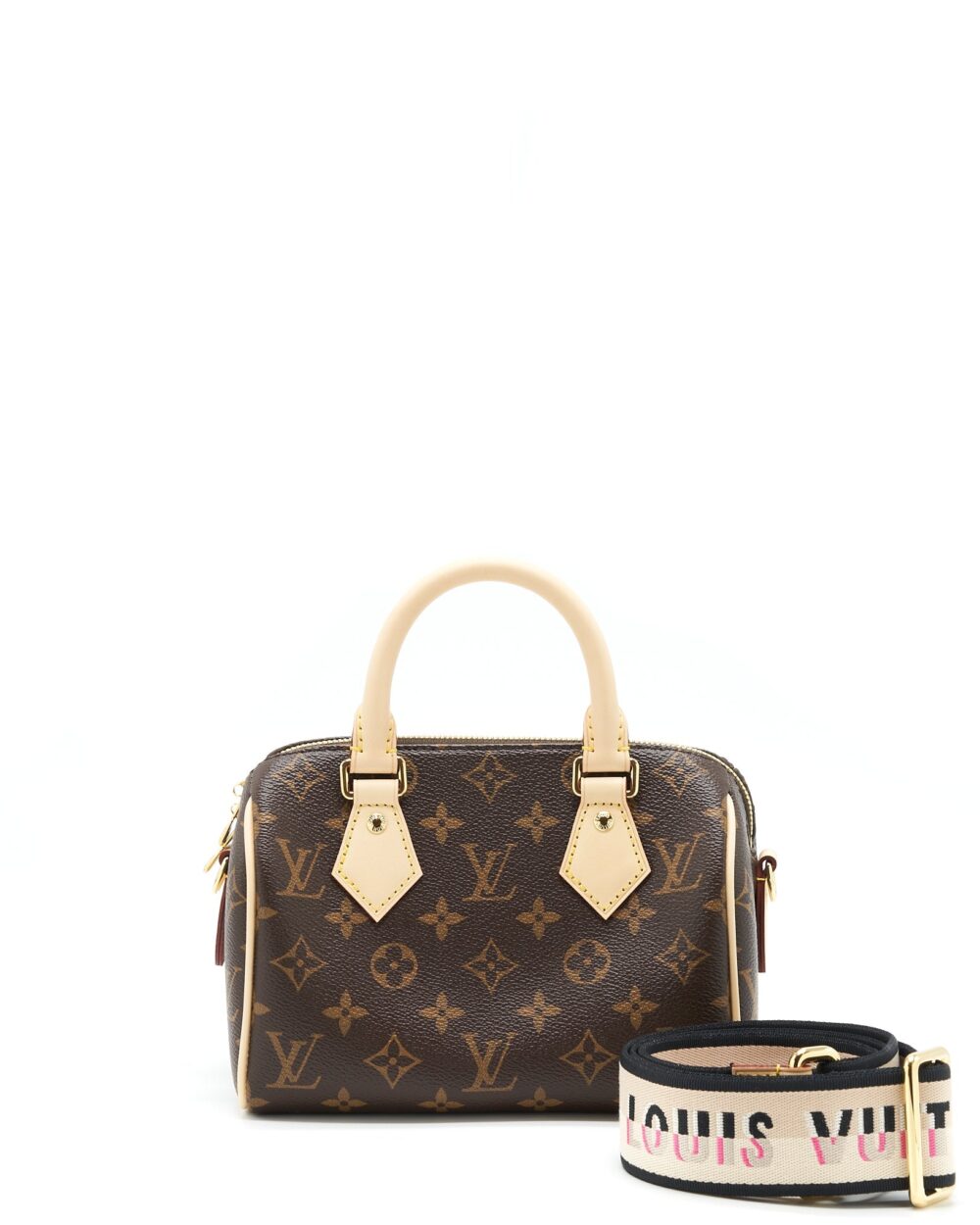 AAA Replica Louis Vuitton LV SPEEDY BANDOULIERE 20 MONOGRAM CANVAS/BLACK MULTICOLOUR STRAP