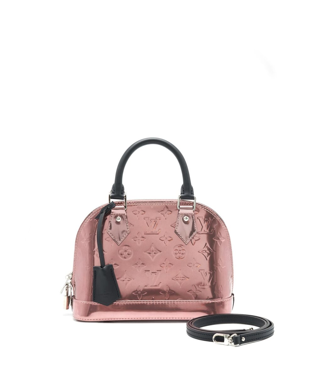 AAA Replica Louis Vuitton LV ALMA BB PATENT LEATHER METALLIC PINK WITH BLACK HANDLE SHW