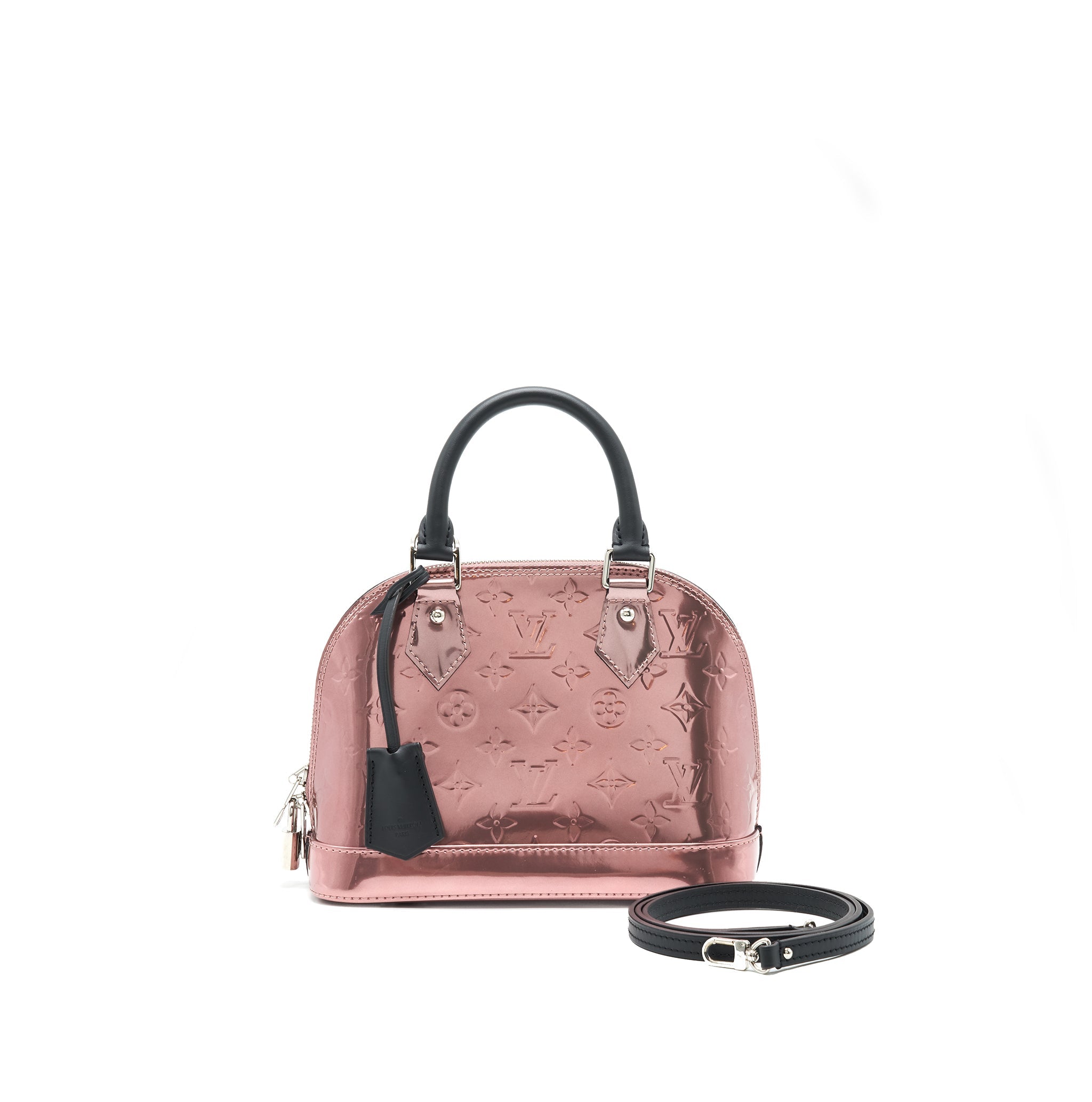 AAA Replica Louis Vuitton LV ALMA BB PATENT LEATHER METALLIC PINK WITH BLACK HANDLE SHW