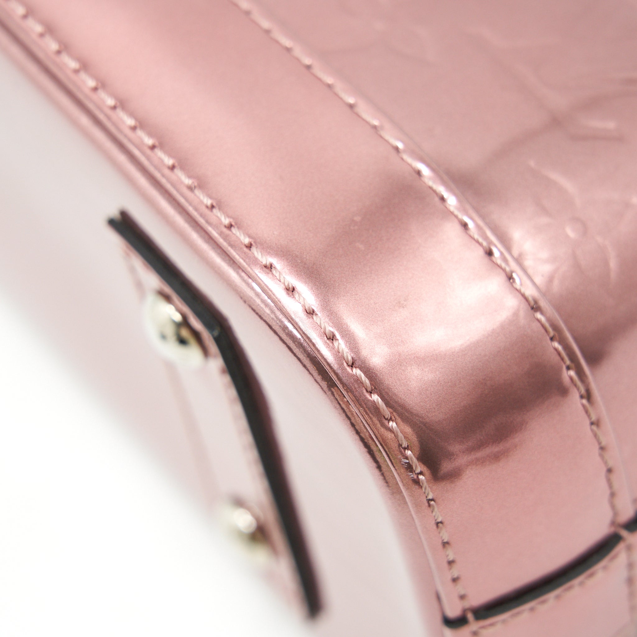 AAA Replica Louis Vuitton LV ALMA BB PATENT LEATHER METALLIC PINK WITH BLACK HANDLE SHW