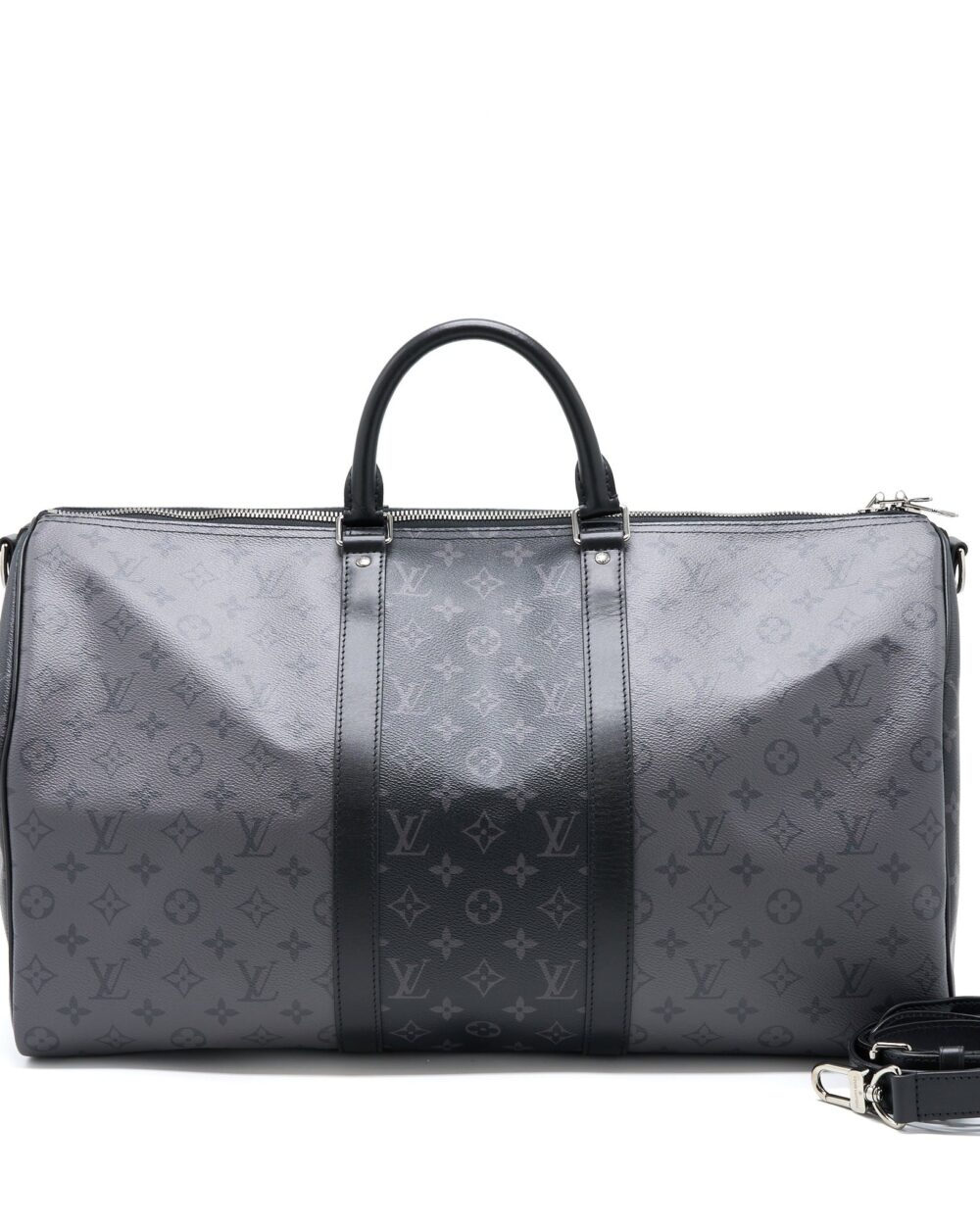 AAA Replica Louis Vuitton LV KEEPALL BANDOULIERE 50 MONOGRAM ECLIPSE CANVAS BLACK/GREY BLACK HARDWARE (NEW VERSION)