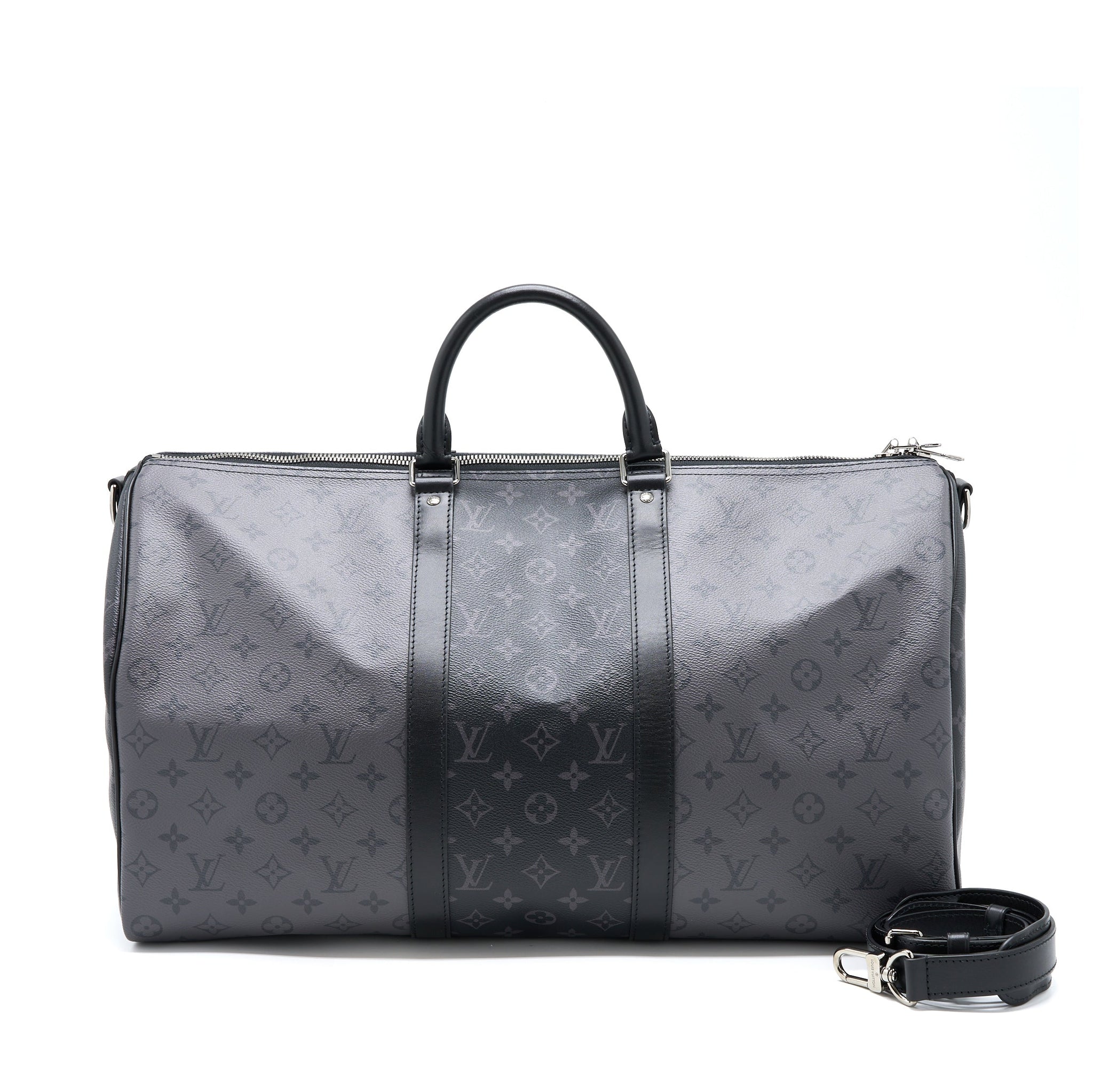 AAA Replica Louis Vuitton LV KEEPALL BANDOULIERE 50 MONOGRAM ECLIPSE CANVAS BLACK/GREY BLACK HARDWARE (NEW VERSION)