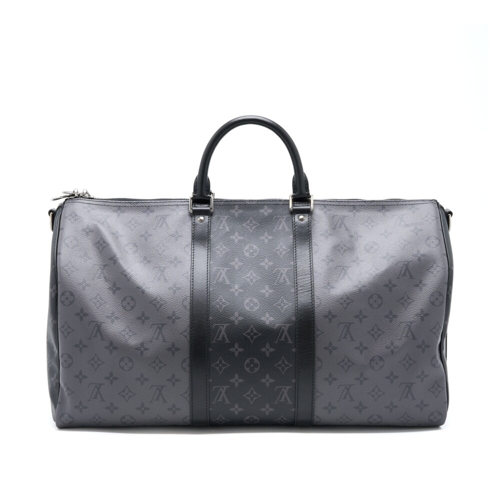 AAA Replica Louis Vuitton LV KEEPALL BANDOULIERE 50 MONOGRAM ECLIPSE CANVAS BLACK/GREY BLACK HARDWARE (NEW VERSION)