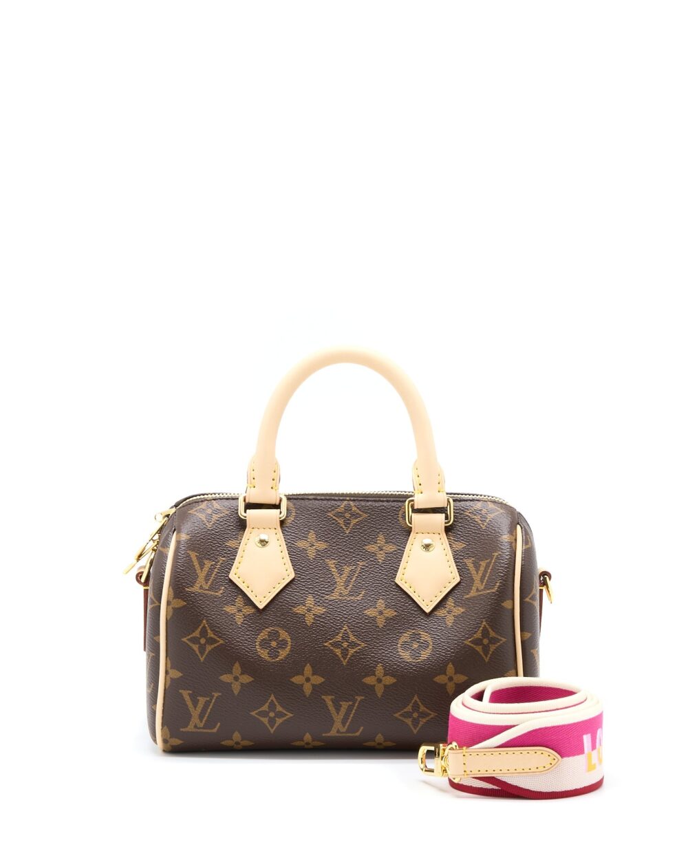 AAA Replica Louis Vuitton LV SPEEDY BANDOULIERE 20 MONOGRAM CANVAS WITH FUCHSIA STRAP GHW
