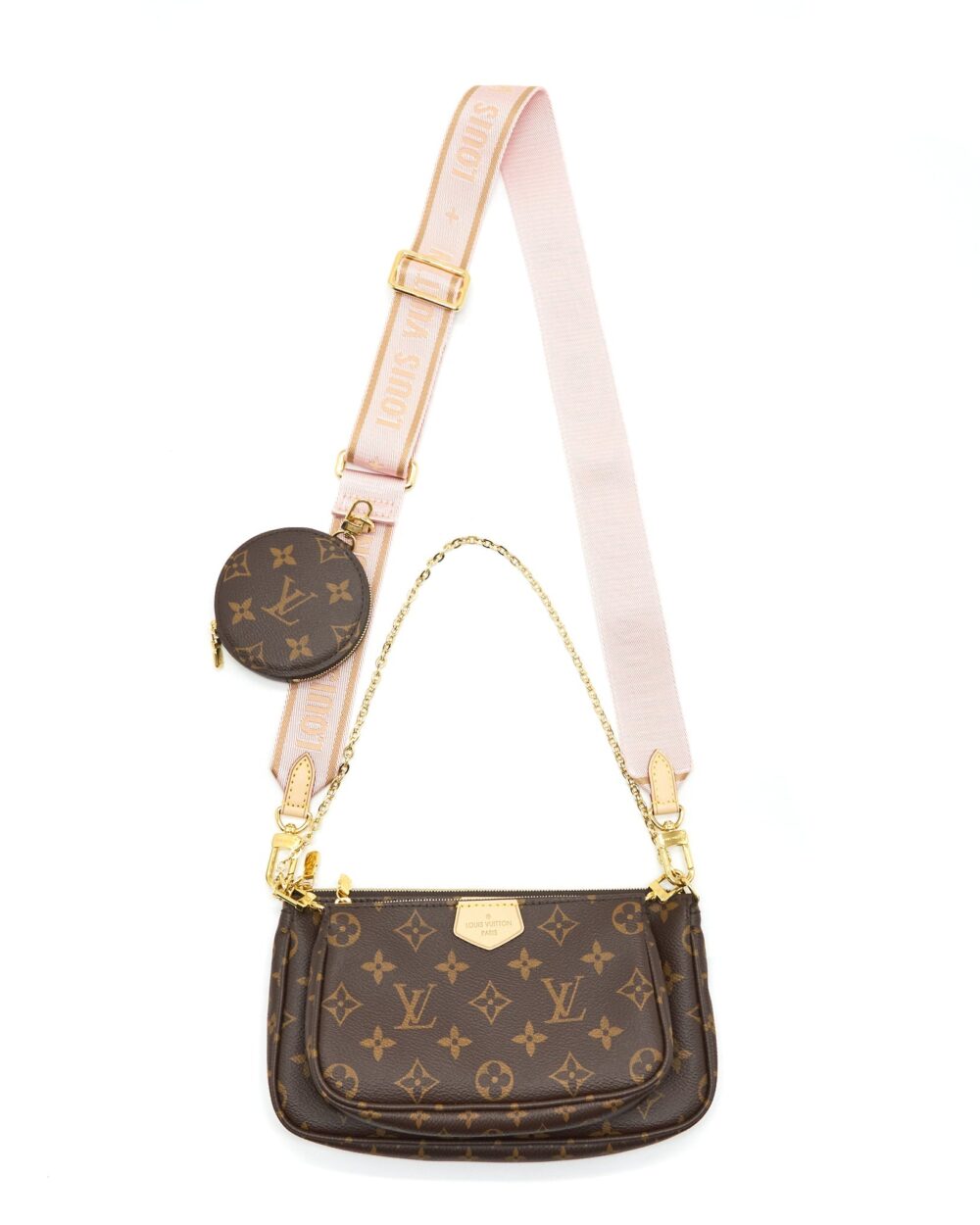 AAA Replica Louis Vuitton LV MULTI POCHETTE ACCESSORIES MONOGRAM CANVAS ROSE CLAIR GHW