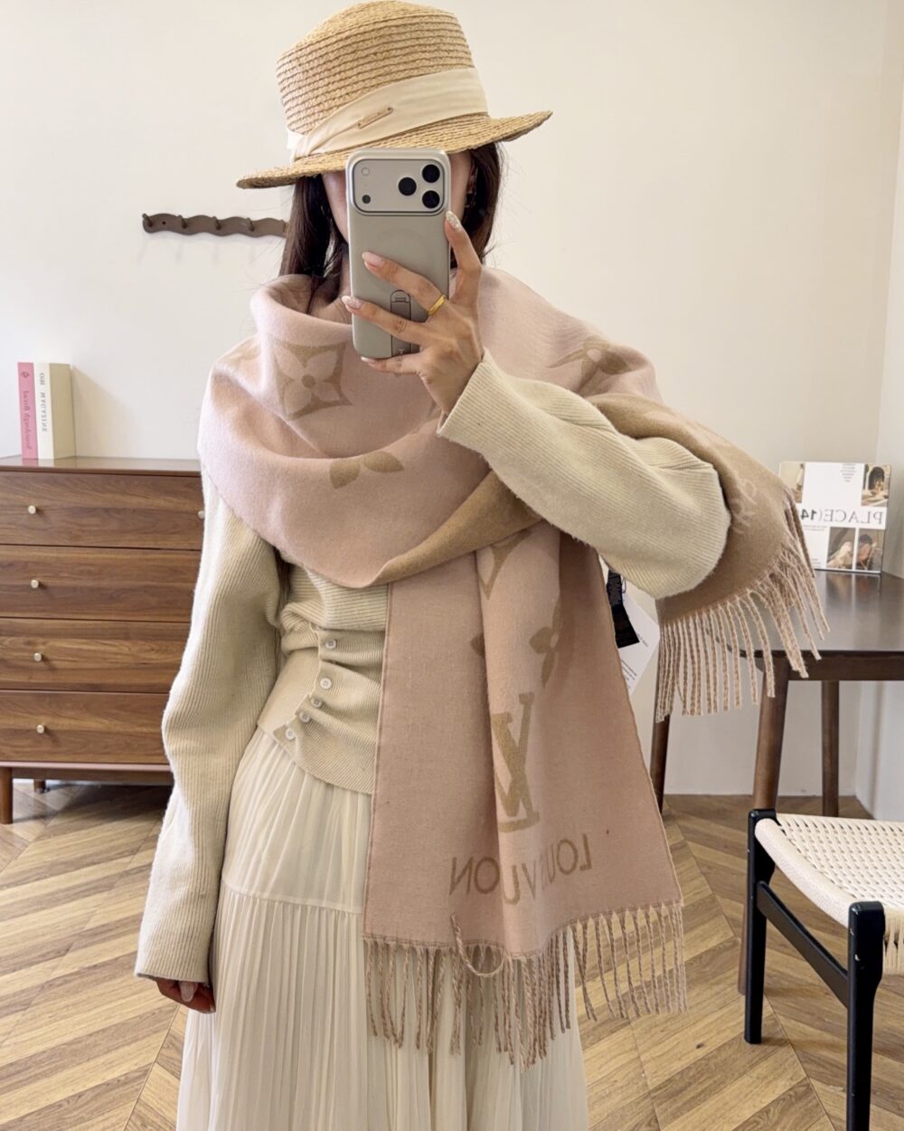 Louis Vuitton Cream Monogram Wool Scarf