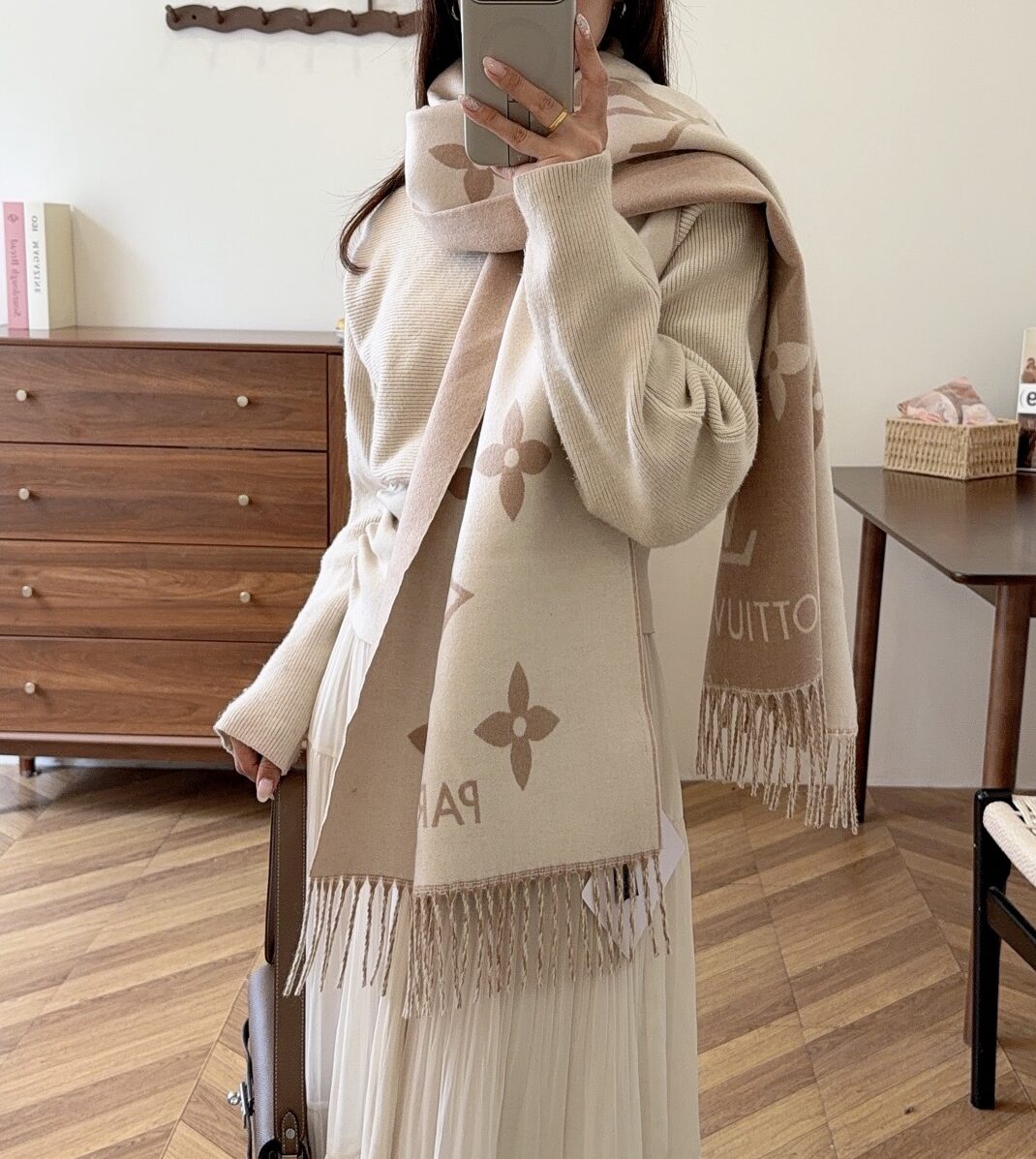 Louis Vuitton Cream Monogram Wool Scarf