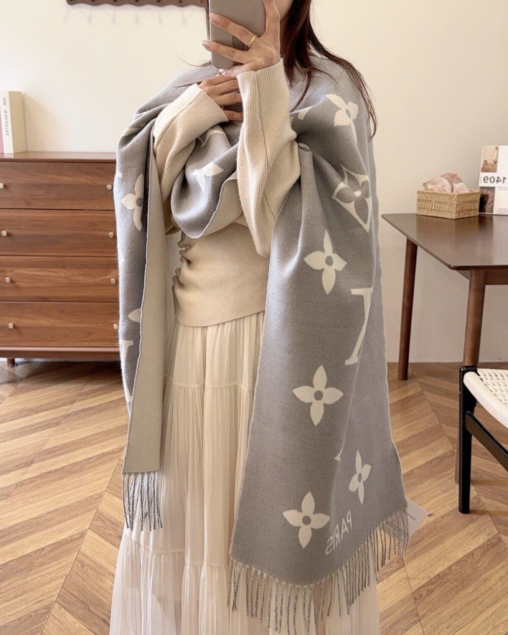 Louis Vuitton Grey Monogram Wool Scarf