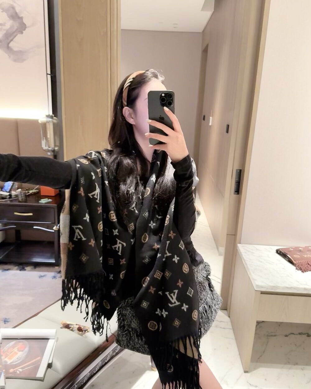Louis Vuitton Black Monogram Wool Scarf